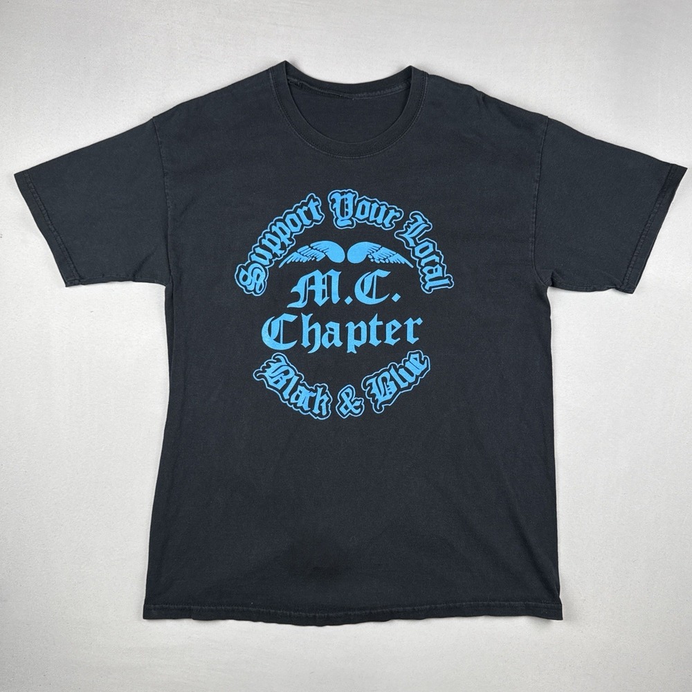 Support Your Local MC Chapter Black & Blue Outlaws Biker T Shirt L